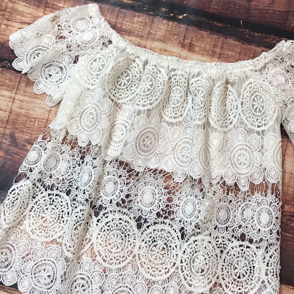 Sale! White Off Shoulder Crochet Lace Sheer Top - Picture 3 of 6